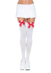 White Nylon Over The Knee Socks With Red Bow Accent Hosiery White Hosiery